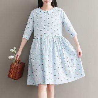 Peter Pan Collar Floral Print 3/4-sleeve Dress