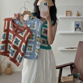 Color Block Floral Knit Crop Tank Top