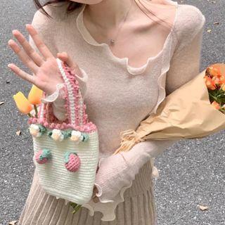 Long-sleeve Frill Trim Knit Top Almond - One Size