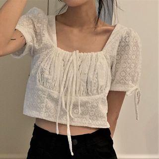 Ruched Square-neck Short-sleeve Cropped Blouse White - One Size