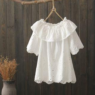 Elbow-sleeve Perforated Ruffled Top