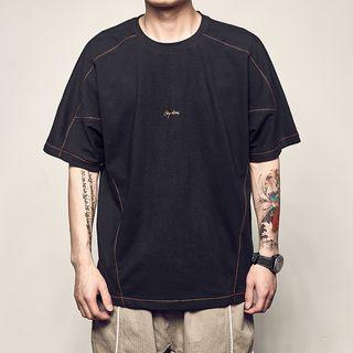 Elbow-sleeve Contrast-trim Embroidered T-shirt