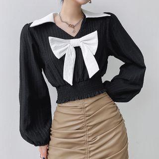 Puff-sleeve Color Block Bow Cropped Shirt