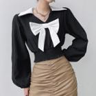 Puff-sleeve Color Block Bow Cropped Shirt