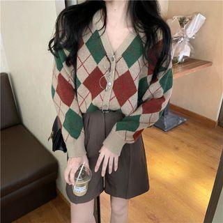 Argyle Cardigan / High-waist Wide-leg Shorts
