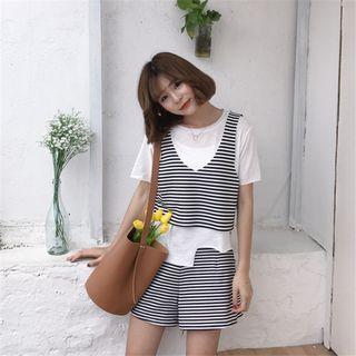 Set: Striped Tank Top + Shorts + Plain Short Sleeve T-shirt