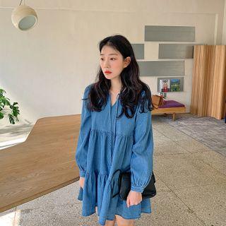 Tie-neck Tiered Denim Dress