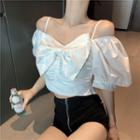 Ribbon Cold-shoulder Puff-sleeve Blouse White - One Size