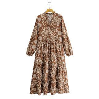 Tie-neck Paisley Print Midi A-line Dress