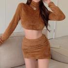 Set: Turtleneck Knit Top + Mini Skirt Top - Brown - One Size / Skirt - Brown - One Size