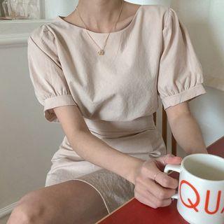 Set: Puff-sleeve Linen-blend Top + A-line Miniskirt