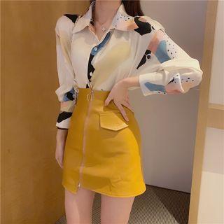 Set: Print Loose-fit Shirt + Faux-leather Skirt