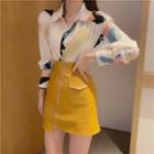Set: Print Loose-fit Shirt + Faux-leather Skirt