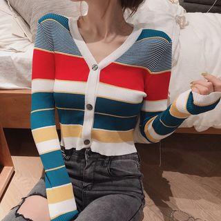 Long-sleeve Buttoned Striped Knit Top
