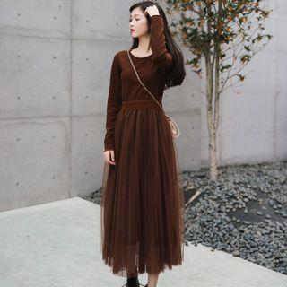 Long-sleeve Mesh Overlay Midi Knit Dress