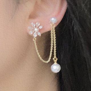 Faux Pearl Flower Chained Dangle Earring 1 Pair - 0726a - Gold - One Size