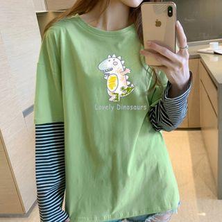 Long-sleeve Mock Two-piece Dinosaur Print T-shirt