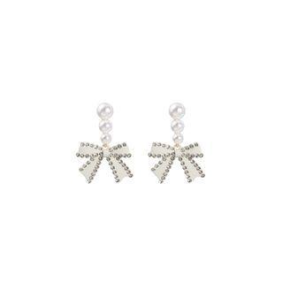 Bow Faux Pearl Alloy Dangle Earring 1 Pair - E2437-3 - Silver & White - One Size