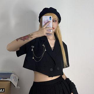 Double-button Lapel Collar Cropped Top + Pleated Skirt