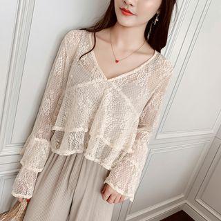 V-neck Lace Long-sleeve Top Almond - One Size
