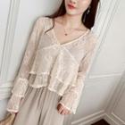 V-neck Lace Long-sleeve Top Almond - One Size