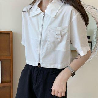 Elbow-sleeve Zip Crop Shirt