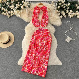 Set: Print Sleeveless Top + Midi A-line Skirt