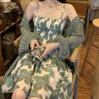 Spaghetti Strap Floral Print A-line Dress / Puff-sleeve Jacket