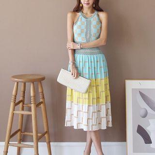 Sleeveless Color Block Knit Midi A-line Dress Light Blue - One Size
