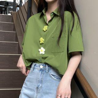 Flower Accent Short-sleeve T-shirt Green - One Size