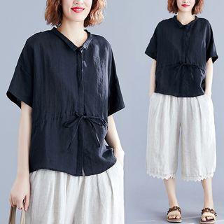 Drawstring Elbow-sleeve Blouse Black - One Size