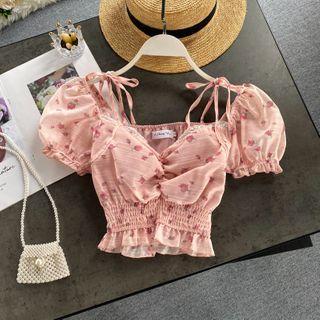 V-neck Print Puff-sleeve Chiffon Top
