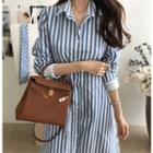 Tie-front Striped Shirtdress With Sash One Size