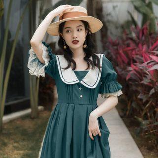 Puff-sleeve Sailor Collar Lace Trim Midi A-line Dress