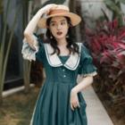 Puff-sleeve Sailor Collar Lace Trim Midi A-line Dress