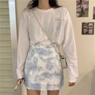Long-sleeve Cloud Print T-shirt / Tie-dyed A-line Skirt