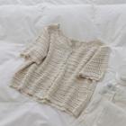 Crewneck Lace Knit Cropped Cardigan Light Almond - One Size