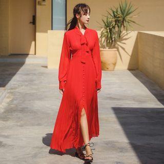 Puff Long-sleeve Bow Accent Slit Maxi Dress