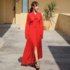 Puff Long-sleeve Bow Accent Slit Maxi Dress