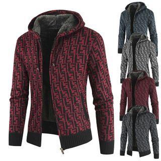 Hooded Fleece-lined Print Cardigan