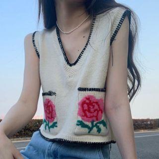 Floral Sweater Vest Almond - One Size
