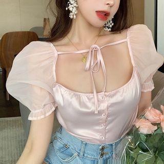 Puff-sleeve Tie-front Square-neck Top Pink - One Size