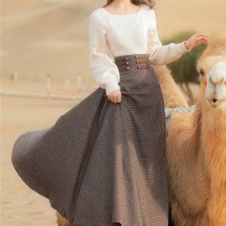 Set: Puff-sleeve Sweater + Plaid Midi A-line Skirt