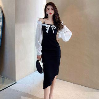 Cold-shoulder Bow Accent Asymmetrical Sheath Dress