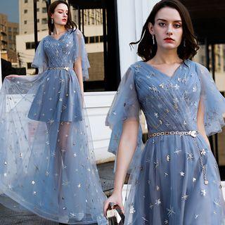 V-neck Embroidered Mesh Evening Gown