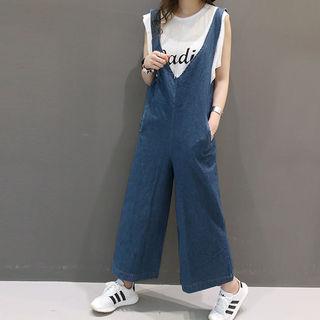 V-neck Pocket-side Denim Wide-leg Jumpsuit