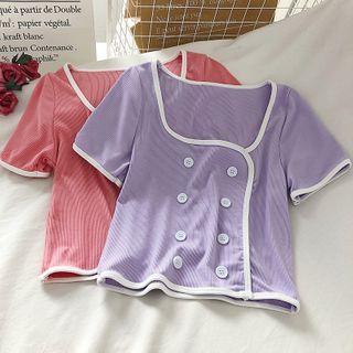 Contrast Trim Double Breasted Short-sleeve Top