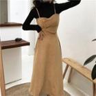 Mock-turtleneck Long-sleeve T-shirt / Midi A-line Pinafore Dress