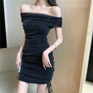 Off-shoulder Glitter Drawstring Mini Bodycon Dress