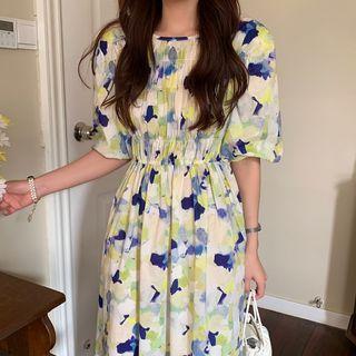 Short-sleeve Floral Midi A-line Dress Navy Blue & Green & White - One Size